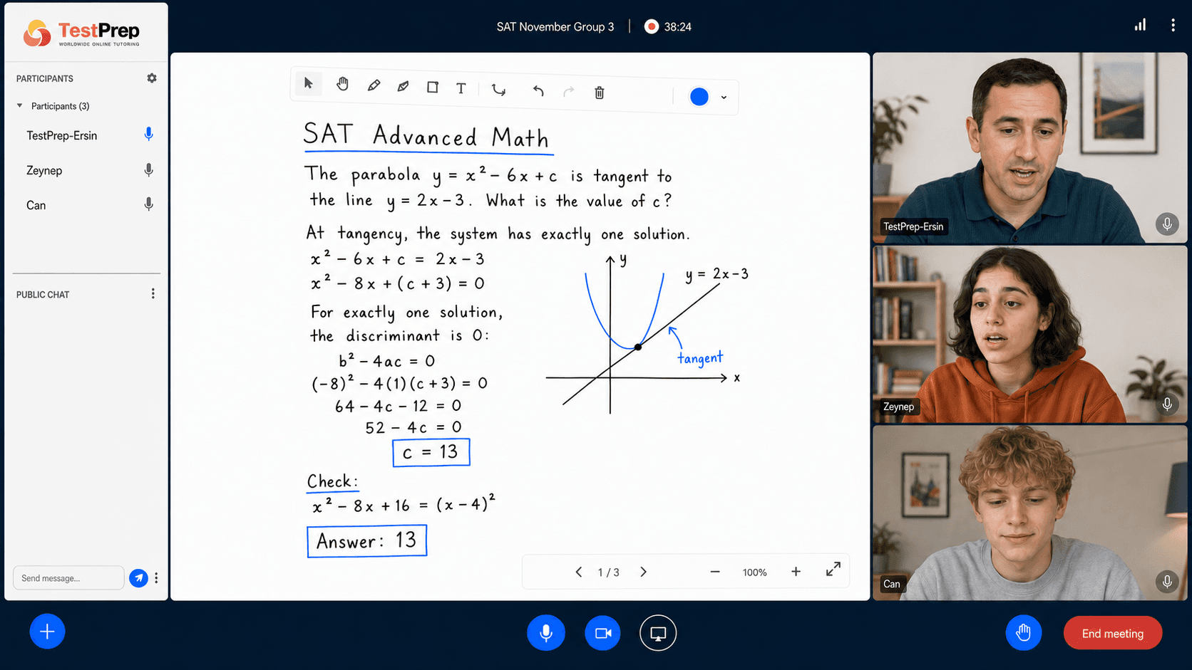 Экран живого урока SAT: преподаватель разбирает задачу Advanced Math на общей доске, в классе двое учеников.