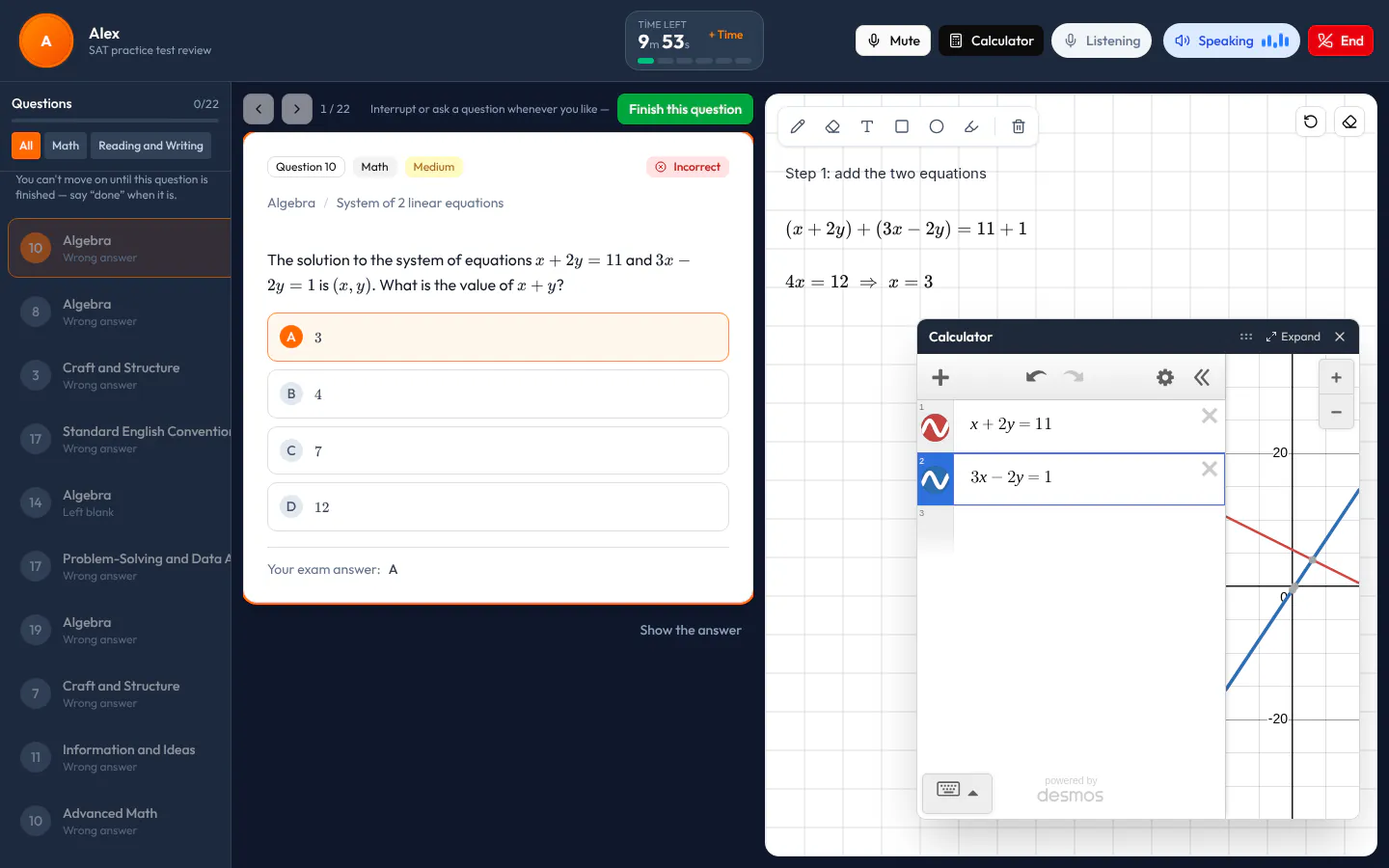 AI Tutor dərs ekranı: SAT sualının yanında imtahandakı Desmos kalkulyatoru, tələbənin daxil etdiyi iki düz xətt və kəsişmə nöqtəsi; lövhədə həll addımları.