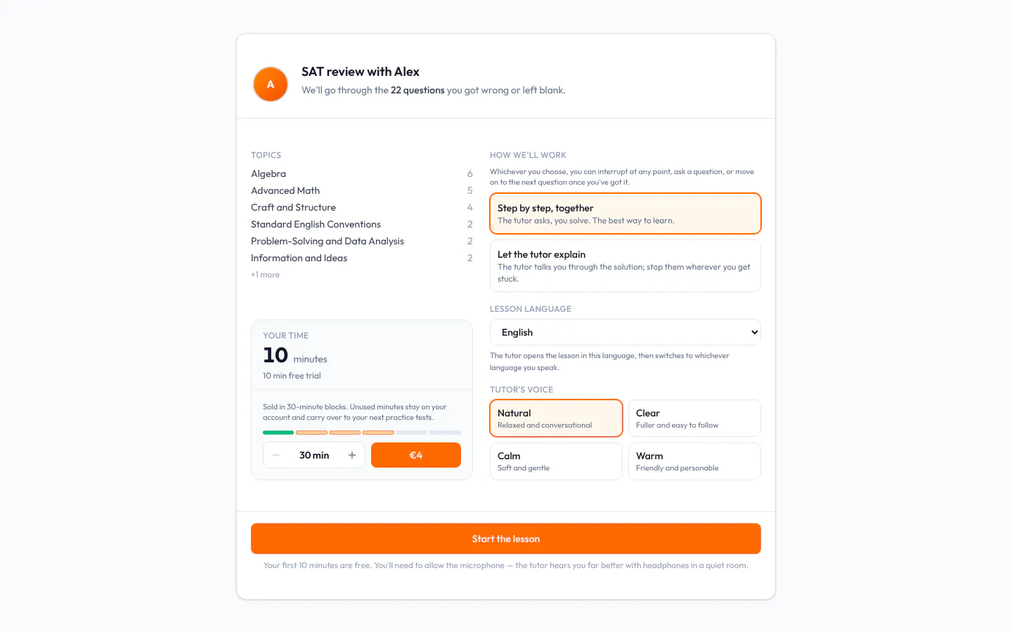 AI Tutor başlanğıc ekranı: nəzərdən keçiriləcək sualların sayı və mövzuları, qalan vaxt, dərsin forması, dili və müəllimin səsi.